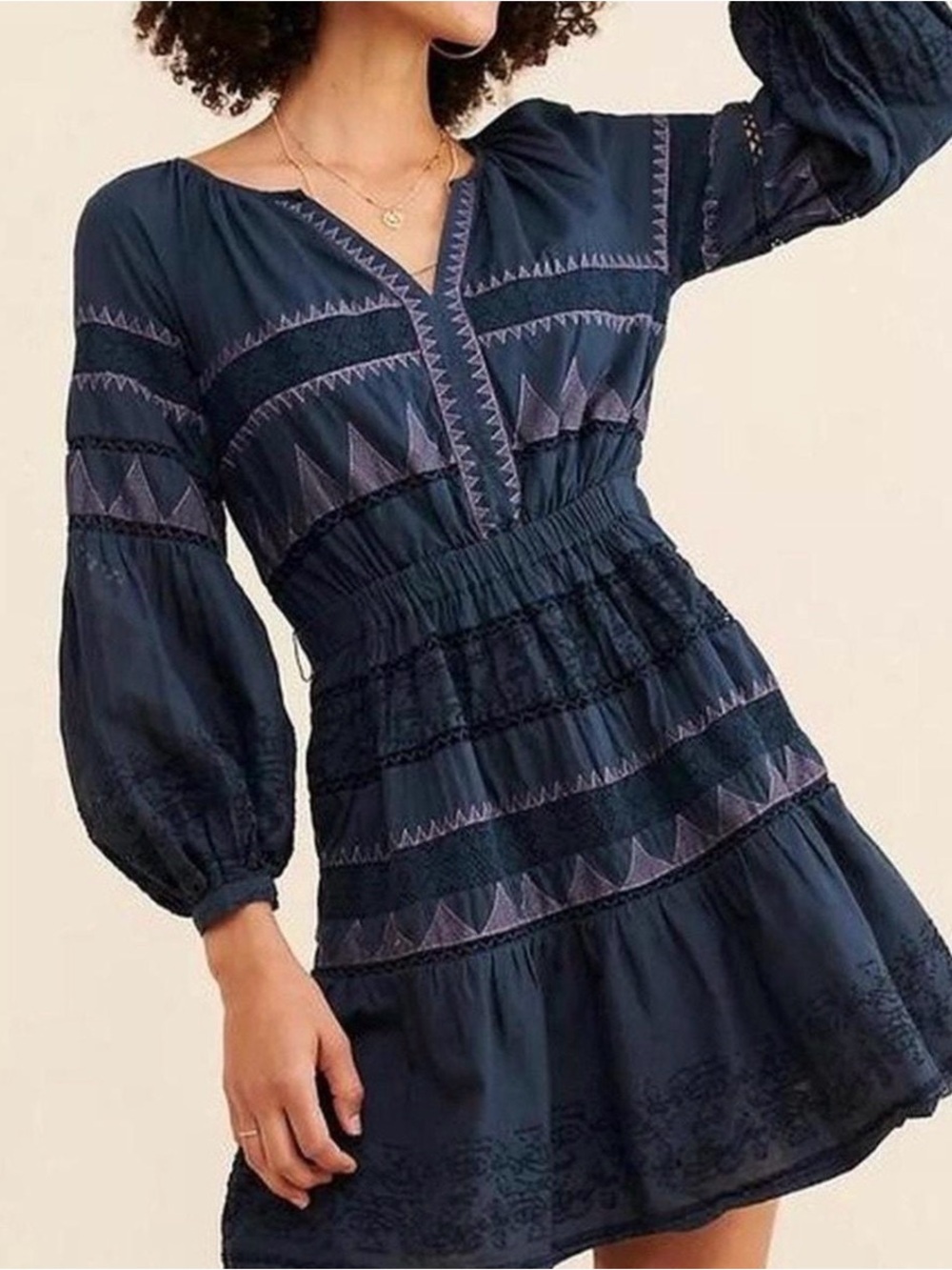 NWT Anthropologie Akemi + Kin Embroidered Boho Mini Dress M Navy Purple Belted